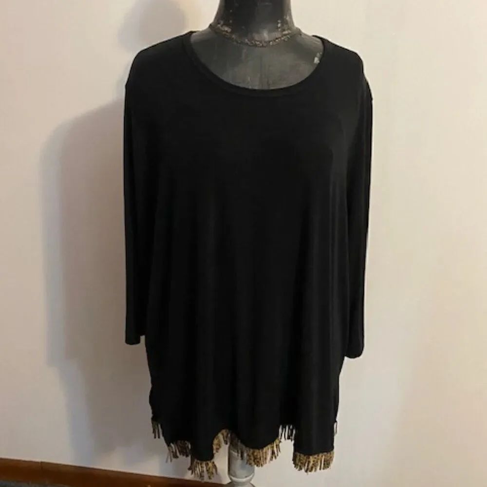 Carolyn Strauss Collection Vintage Black Nylon W/ Leopard fringes tunic, size 2X